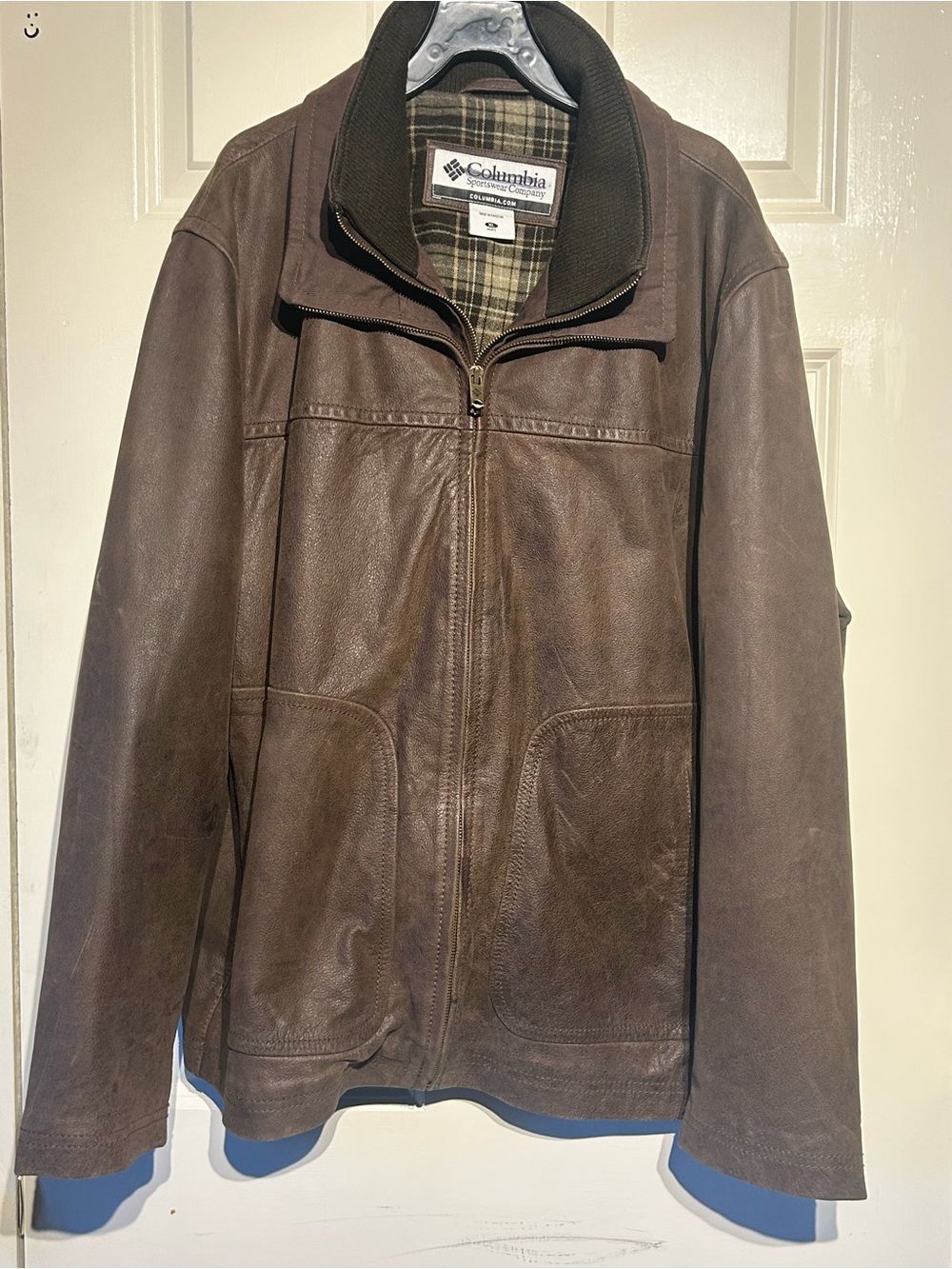 Vintage Columbia Mens XL Brown Leather Bomber Jacket Flannel Canvas Lined 102271